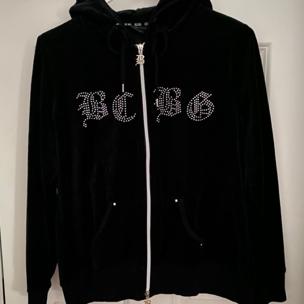 BCBG Black Zip Up Hoodie with Rhinestone Logo XL